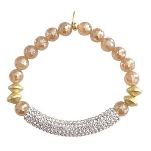 Stretch Bracelet Blush Agate Stone Beads & Crystal Rhinestone Bar NEW